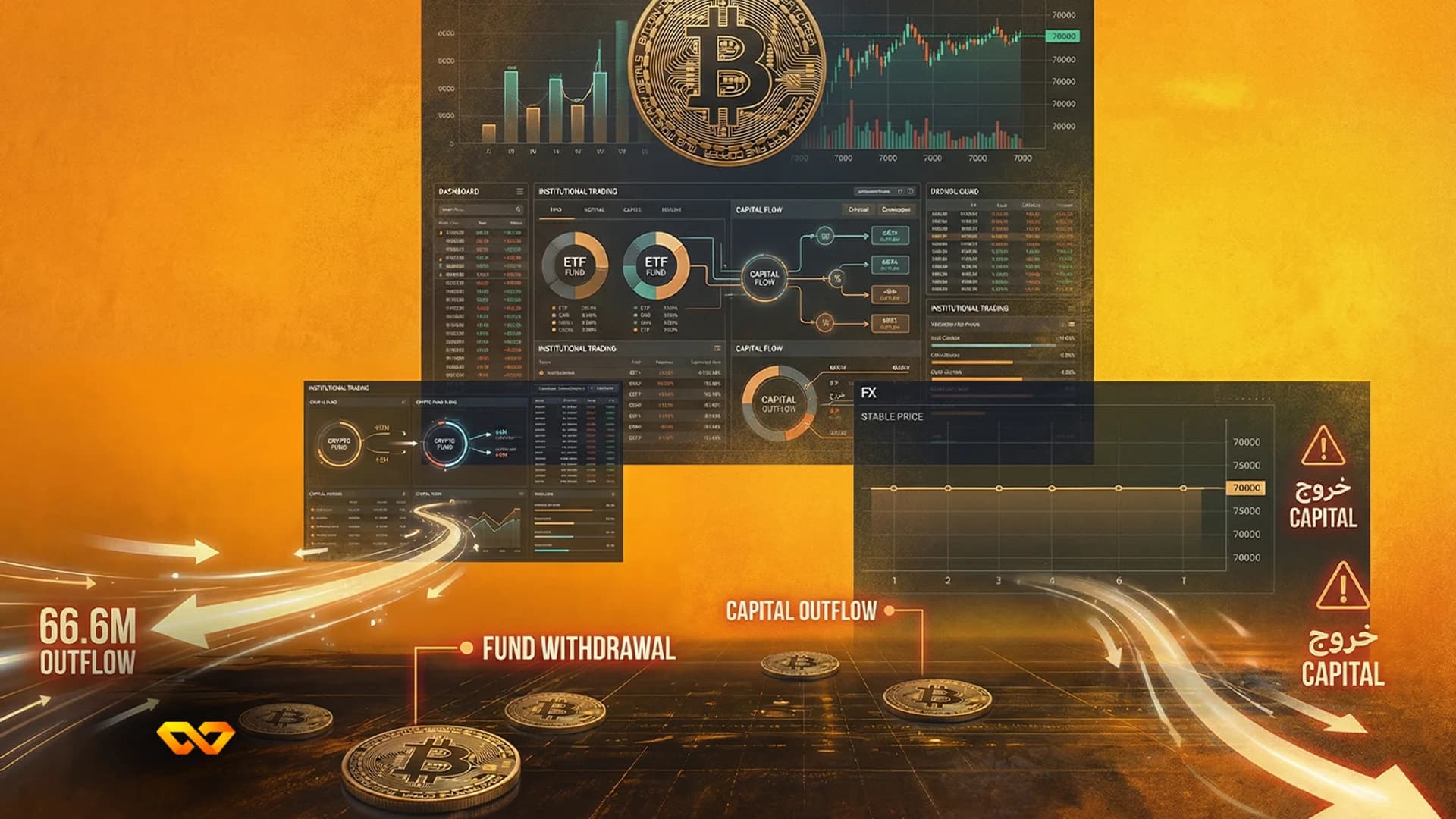 صورة مركبة تظهر عملات بيتكوين، ولوحات تحكم مالية مع رسوم بيانية وبيانات، وأسهم تشير إلى تدفق رأس المال وسحب الأموال.