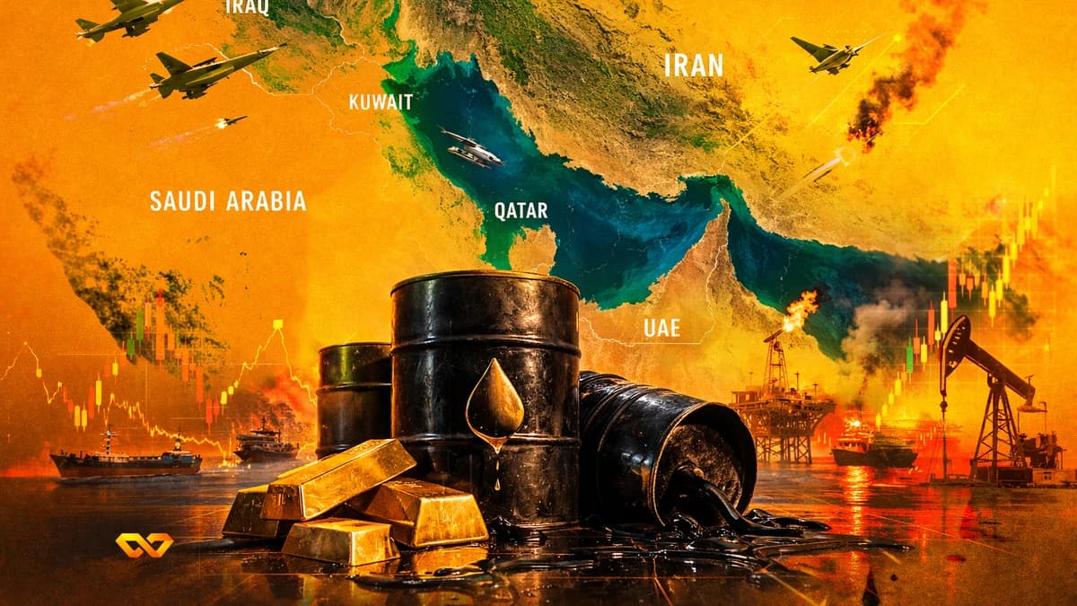 خريطة الشرق الأوسط مع طائرات مقاتلة وصواريخ وبراميل نفط وسبائك ذهب ومنصات نفط ومخططات أسهم تحت سماء ملتهبة.