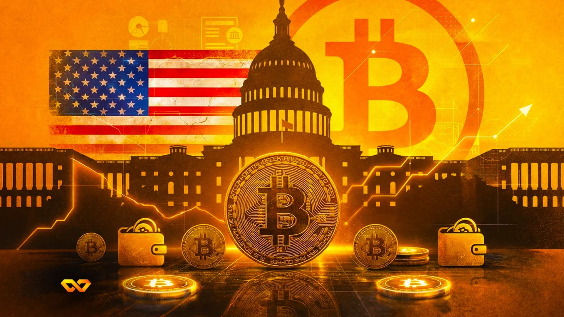عملات ومحافظ بيتكوين ذهبية أمام مبنى الكابيتول الأمريكي والعلم الأمريكي، مع رسم بياني صاعد.