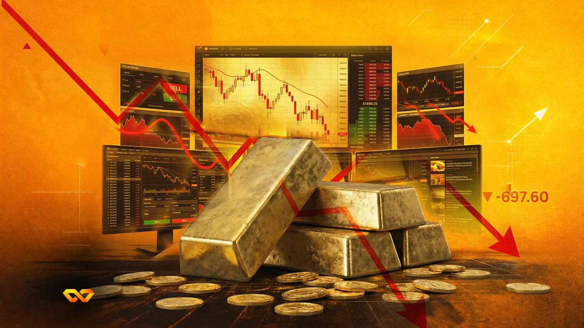 قضبان وعملات ذهبية على طاولة مع شاشات كمبيوتر متعددة تعرض رسومًا بيانية مالية وسهم أحمر كبير يشير للأسفل.