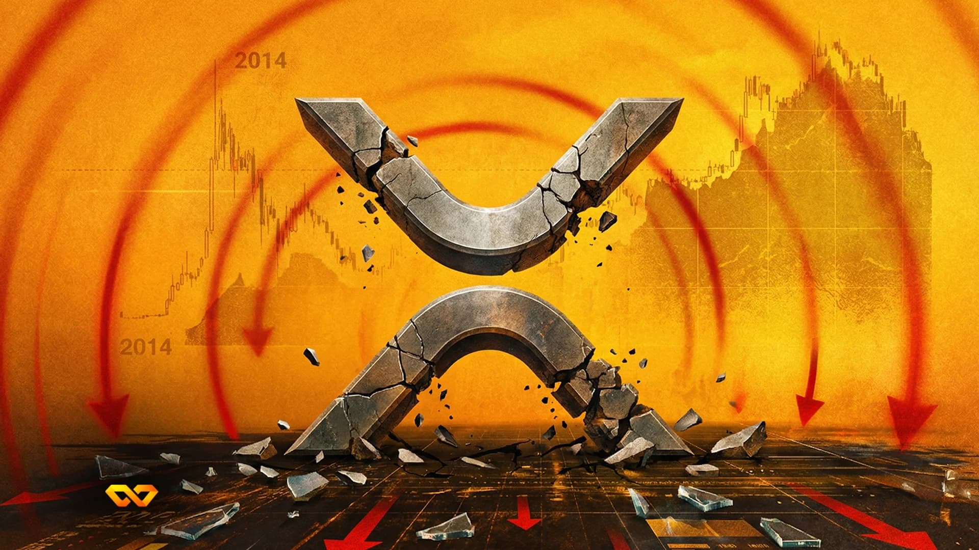 رمز XRP معدني متصدع يتفكك على خلفية برتقالية مع أسهم حمراء متجهة للأسفل ورسوم بيانية مالية باهتة من عام 2014.